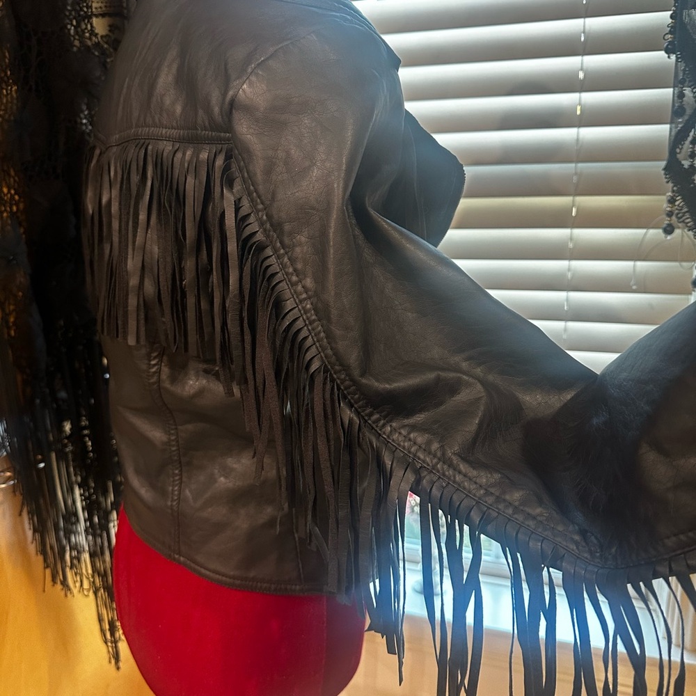 Women’s American Culture vegan leather black fringe motorcycle jacket size M